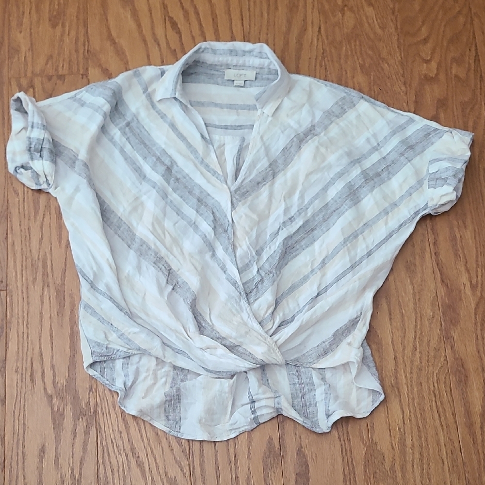 Loft Factory Lounge Striped Linen Blend Hi Low Short Sleeve Top XS